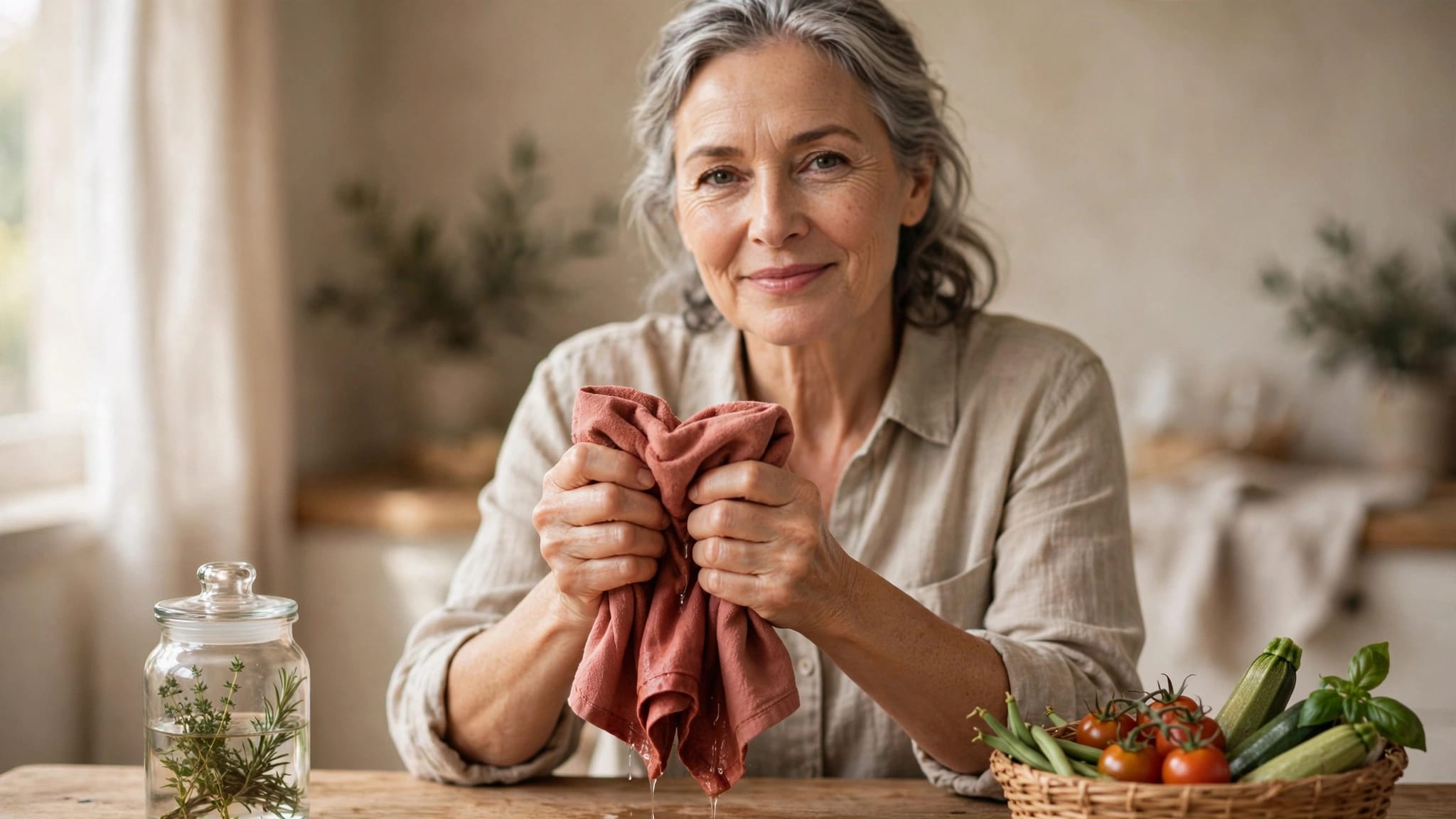 A woman squeezes a folded towel at a kitchen table with a jar and produce nearby.