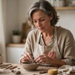 A woman shapes clay at a sunny kitchen table beside pottery tools and a handmade bowl.