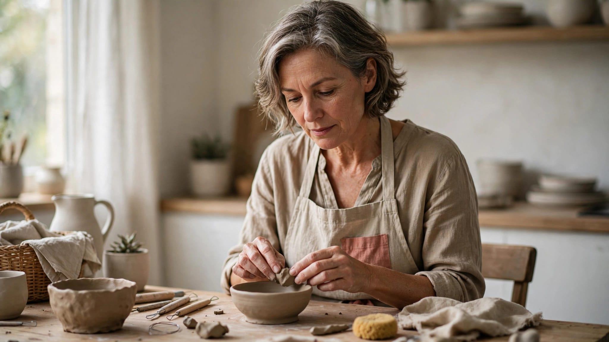 A woman shapes clay at a sunny kitchen table beside pottery tools and a handmade bowl.