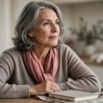 A thoughtful woman sits at a kitchen table beside a notebook and reading glasses.