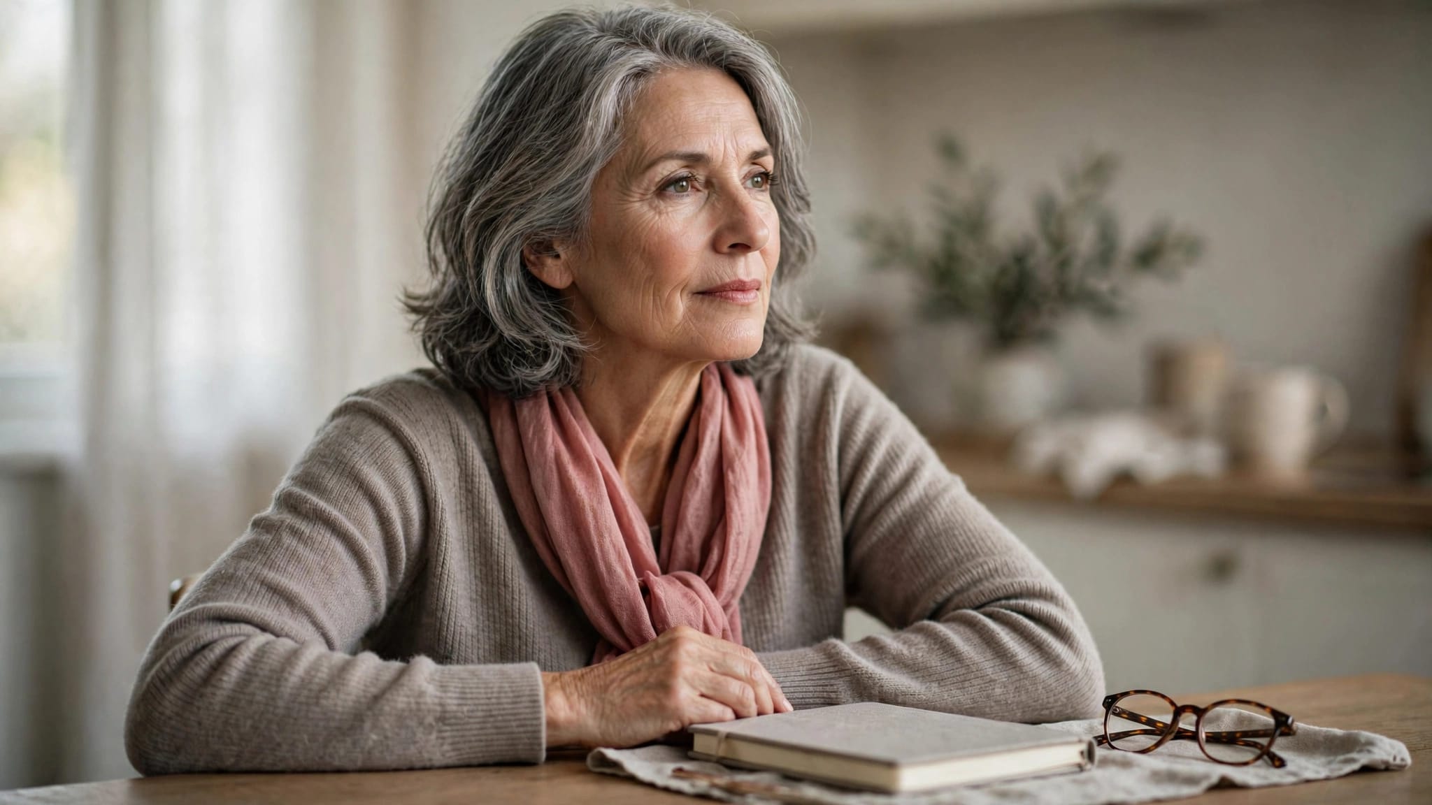 A thoughtful woman sits at a kitchen table beside a notebook and reading glasses.