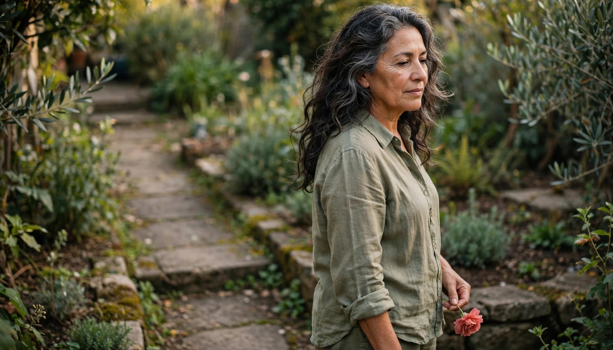 Woman over 50 holding a flower in a garden during a quiet remembrance ritual.
