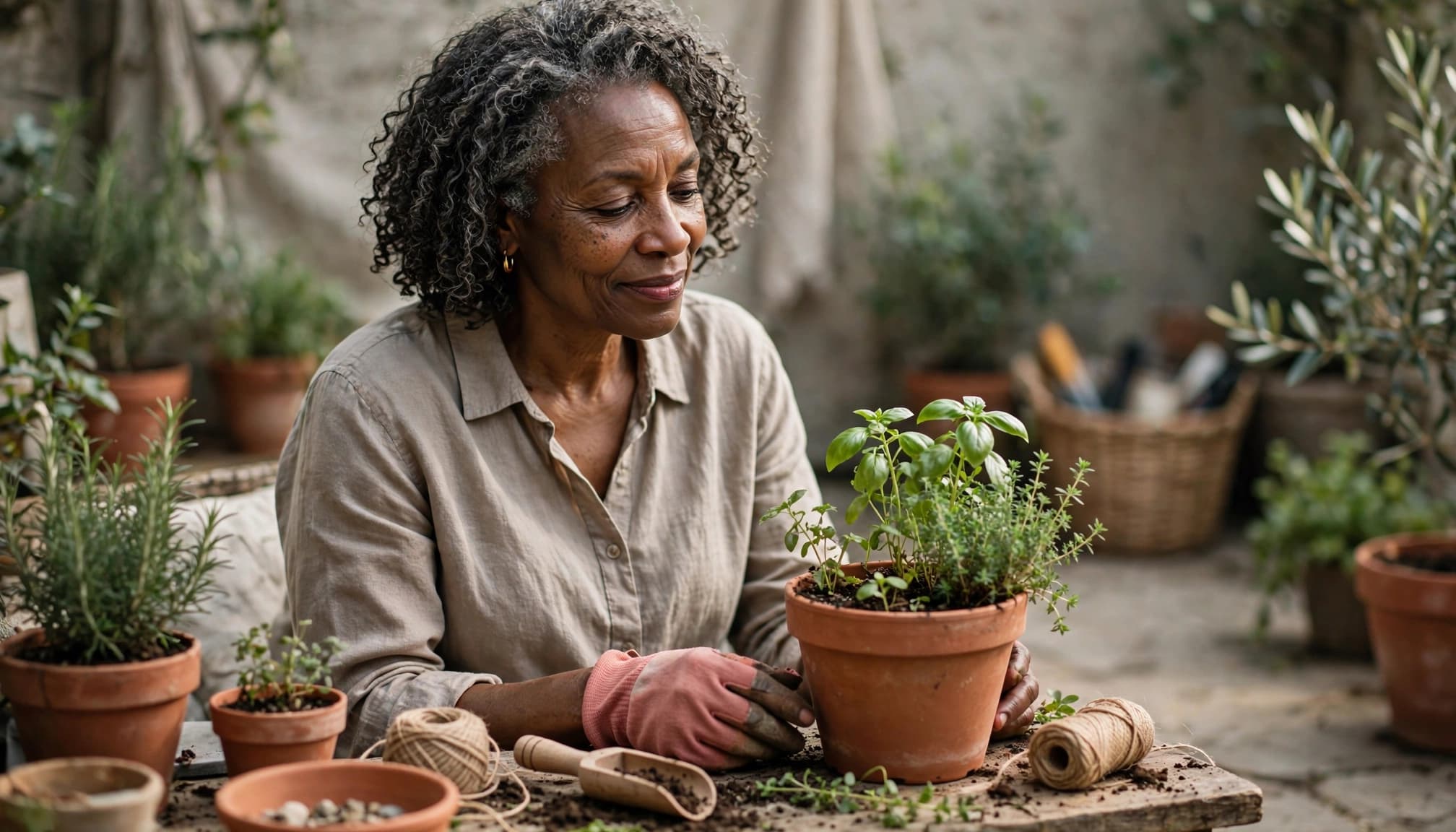 A Black woman over 50 tending potted herbs on a patio as an accessible gardening hobby.