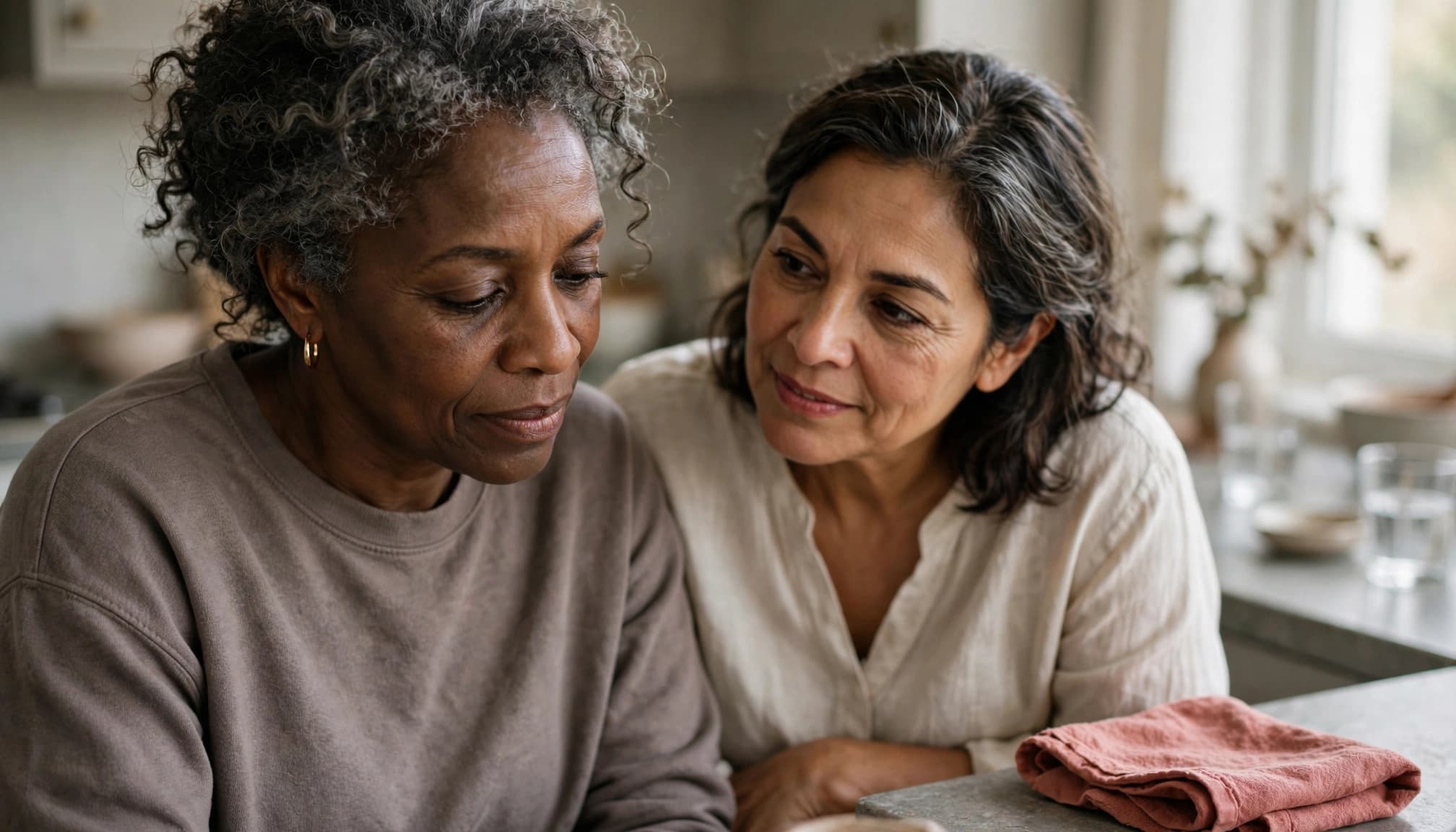 Two friends over 50 share a quiet moment of help in a kitchen.
