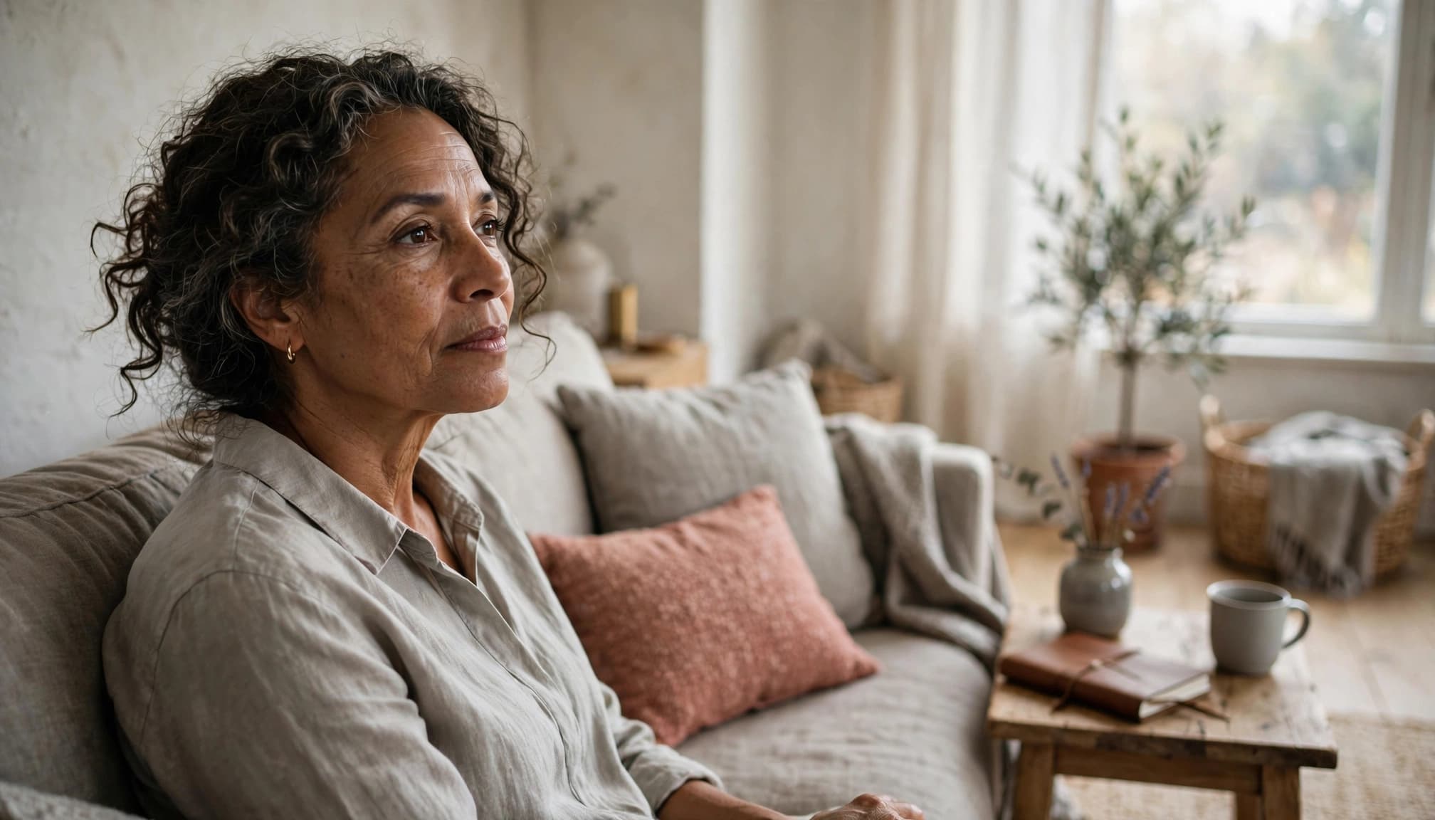 A woman over 50 reflects quietly beside a journal during a moment of midlife life review.