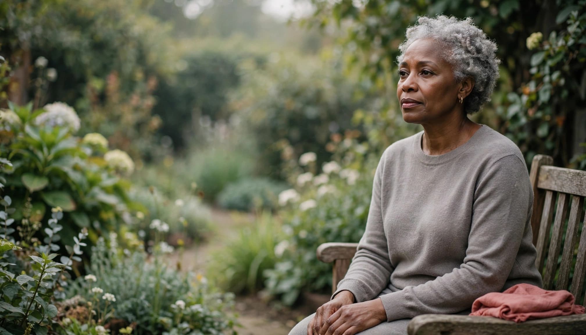 A woman over 50 rests on a garden bench during the transition after caregiving ends.