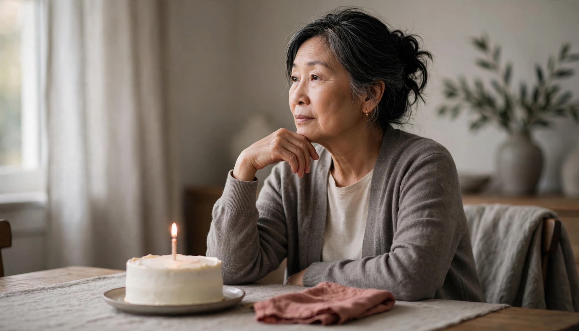 An older Asian woman thoughtfully sits at a table with a small cake featuring a single lit candle.