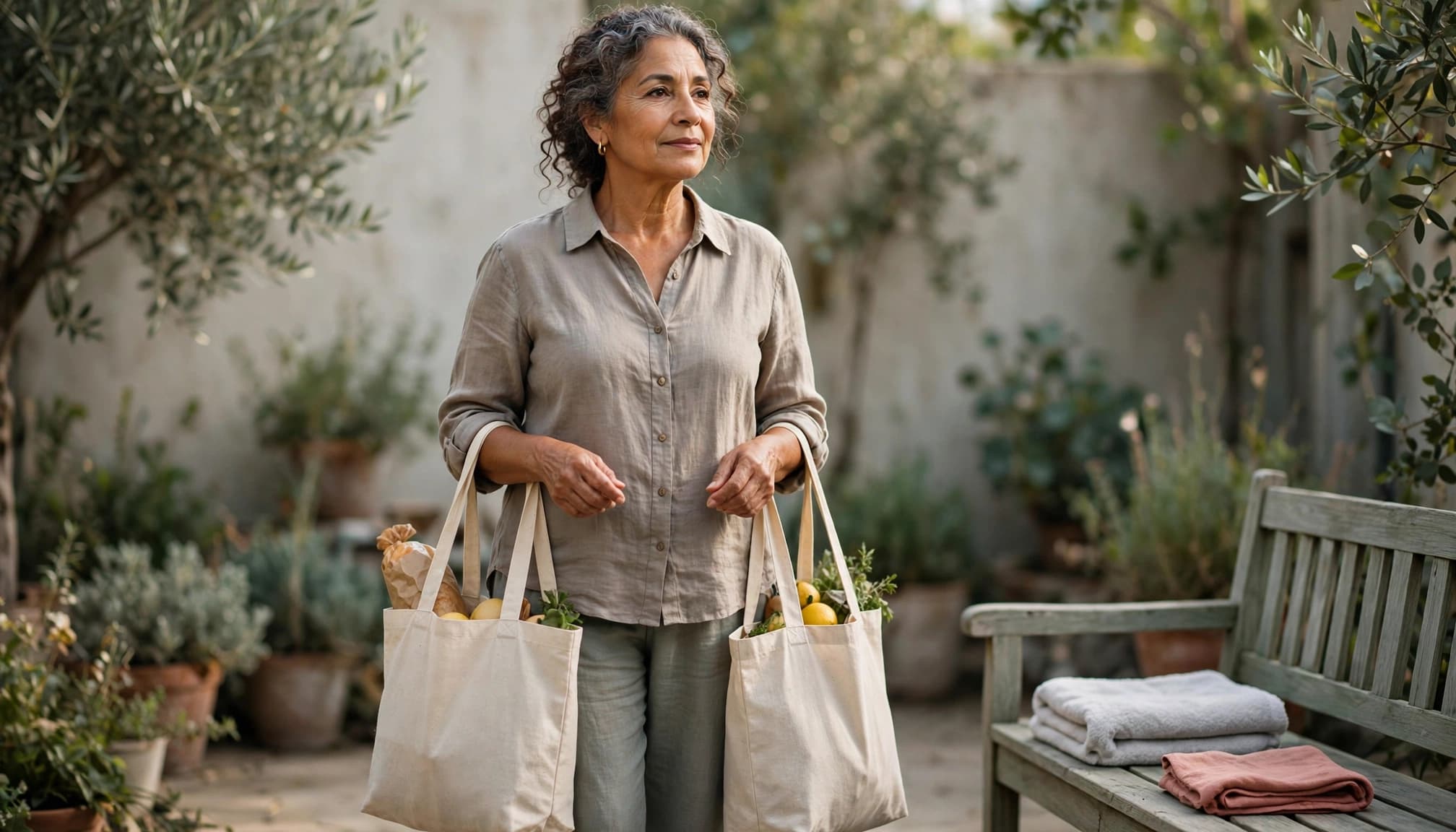 Woman over 60 carrying two light grocery totes outdoors to support everyday grip strength.