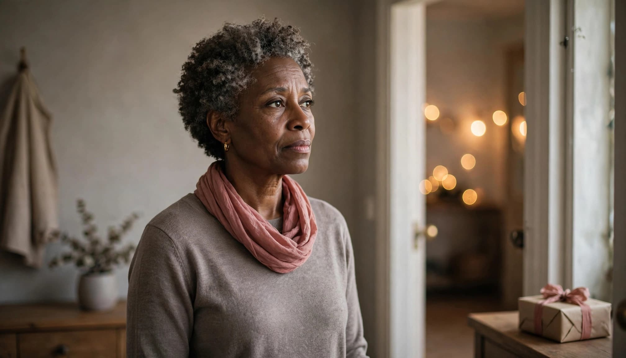 Woman over 50 pausing before a family celebration while managing pre-event anxiety.