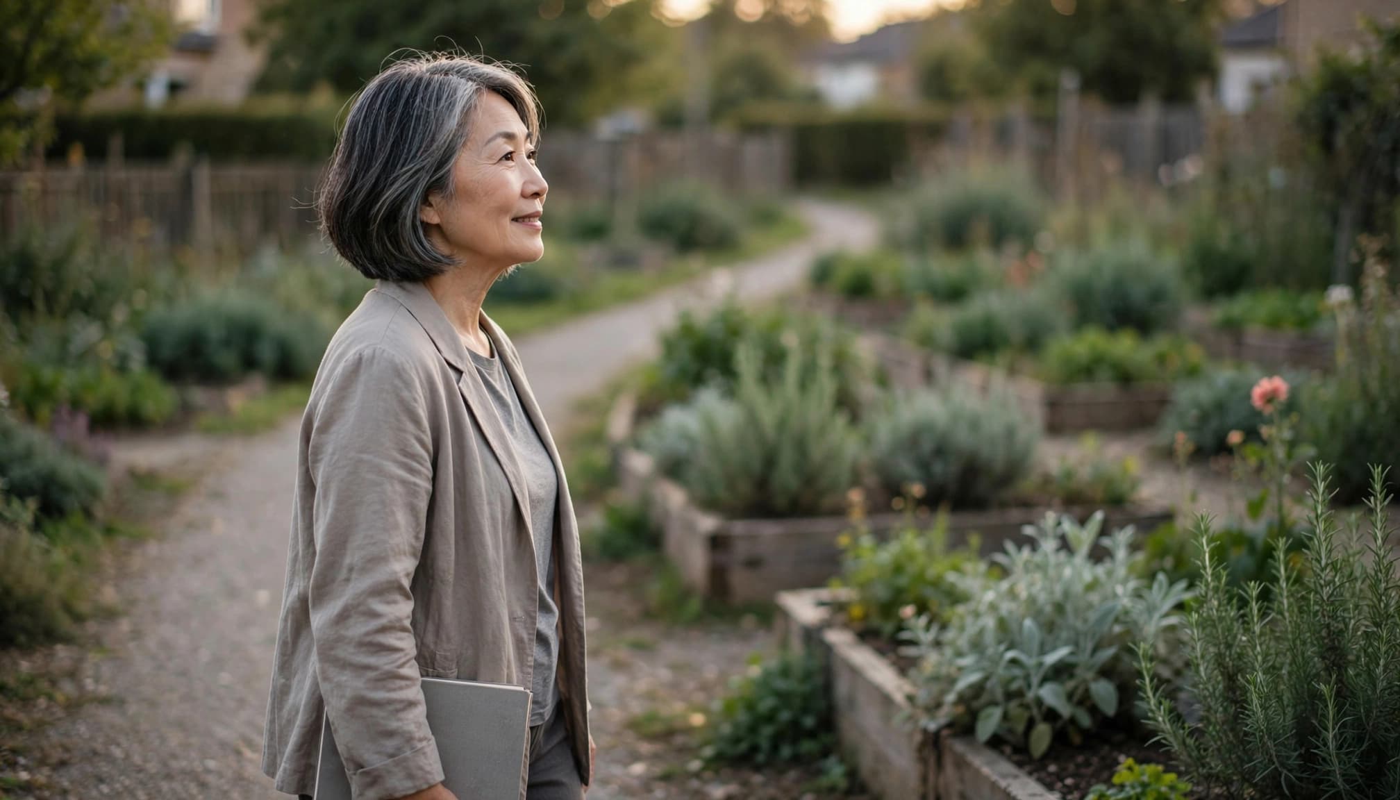 A woman over 50 walks toward a community garden while rebuilding her routine after caregiving.