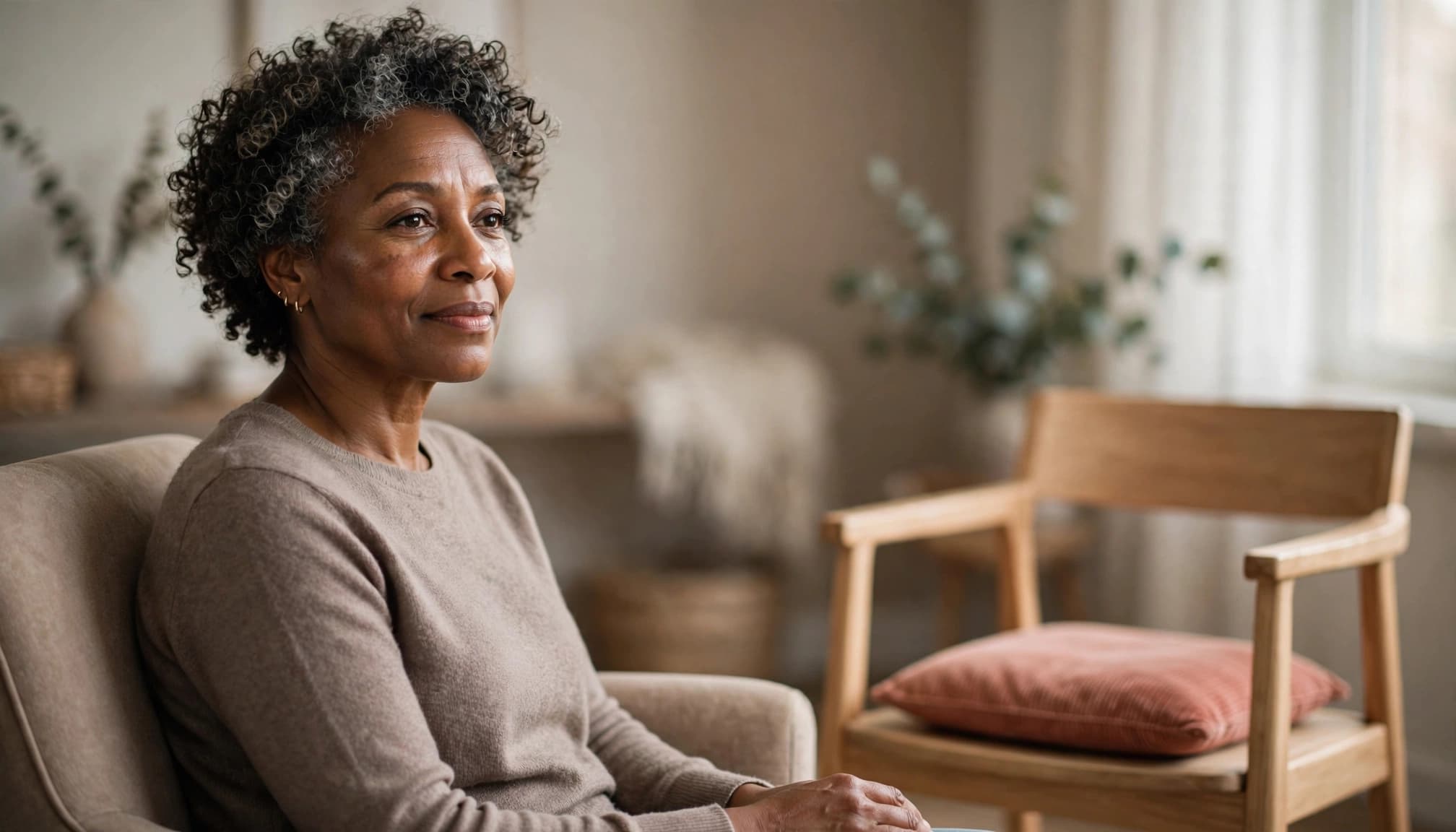 Black woman over 50 preparing for her first therapy appointment in a welcoming office