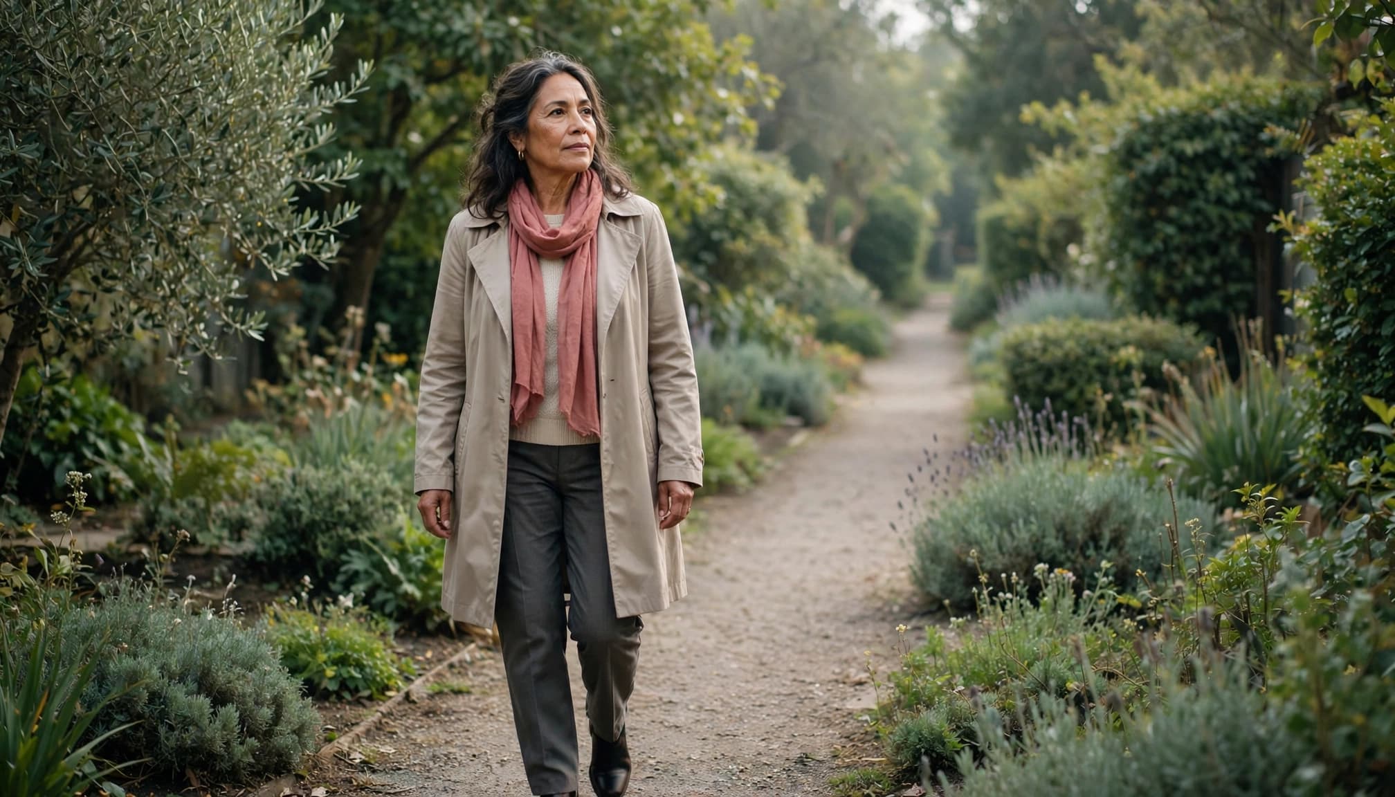 A mature woman wearing a trench coat and pink scarf walks along a quiet garden path.