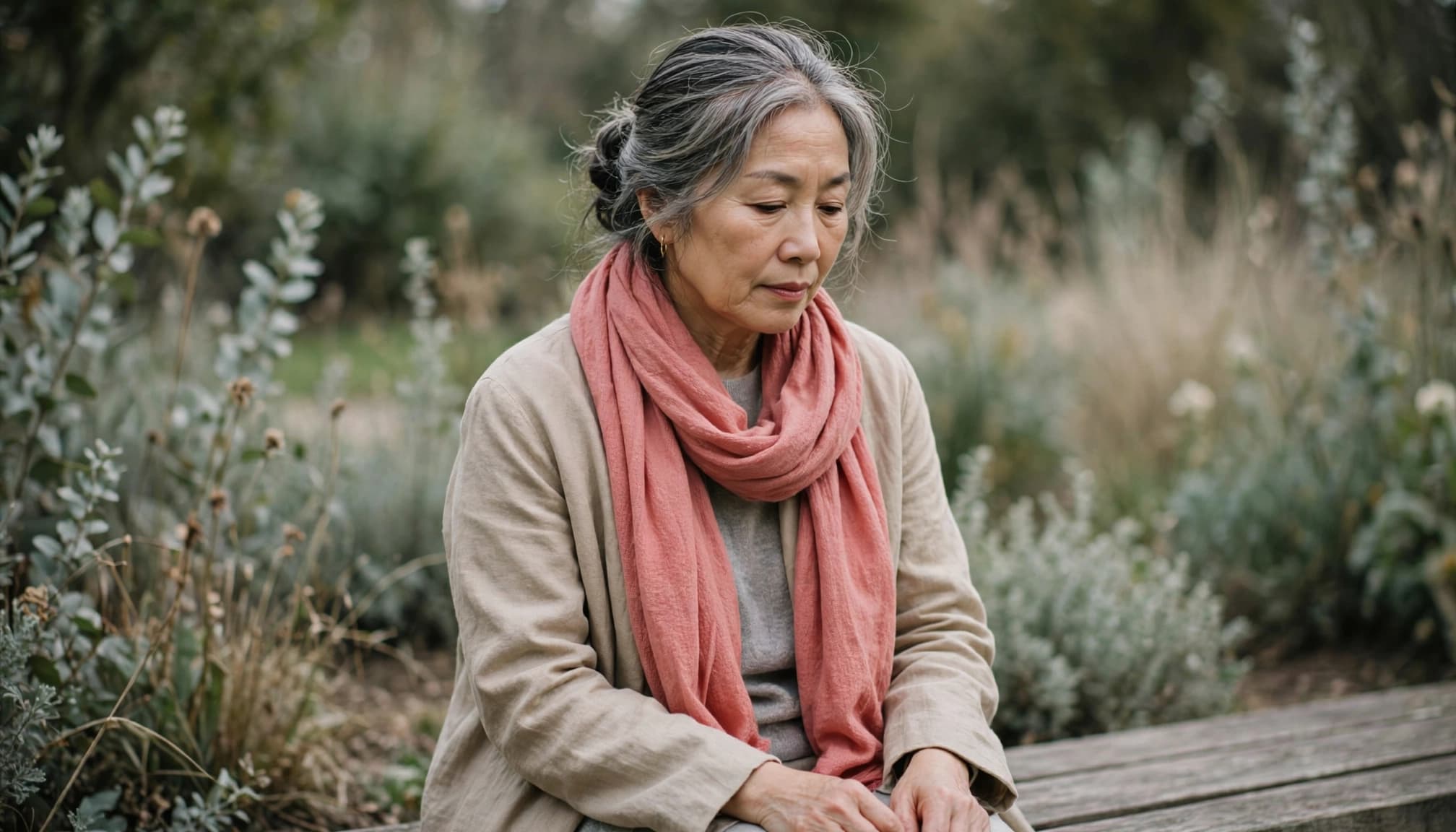 An older woman sits quietly on a garden bench, hands resting in her lap.