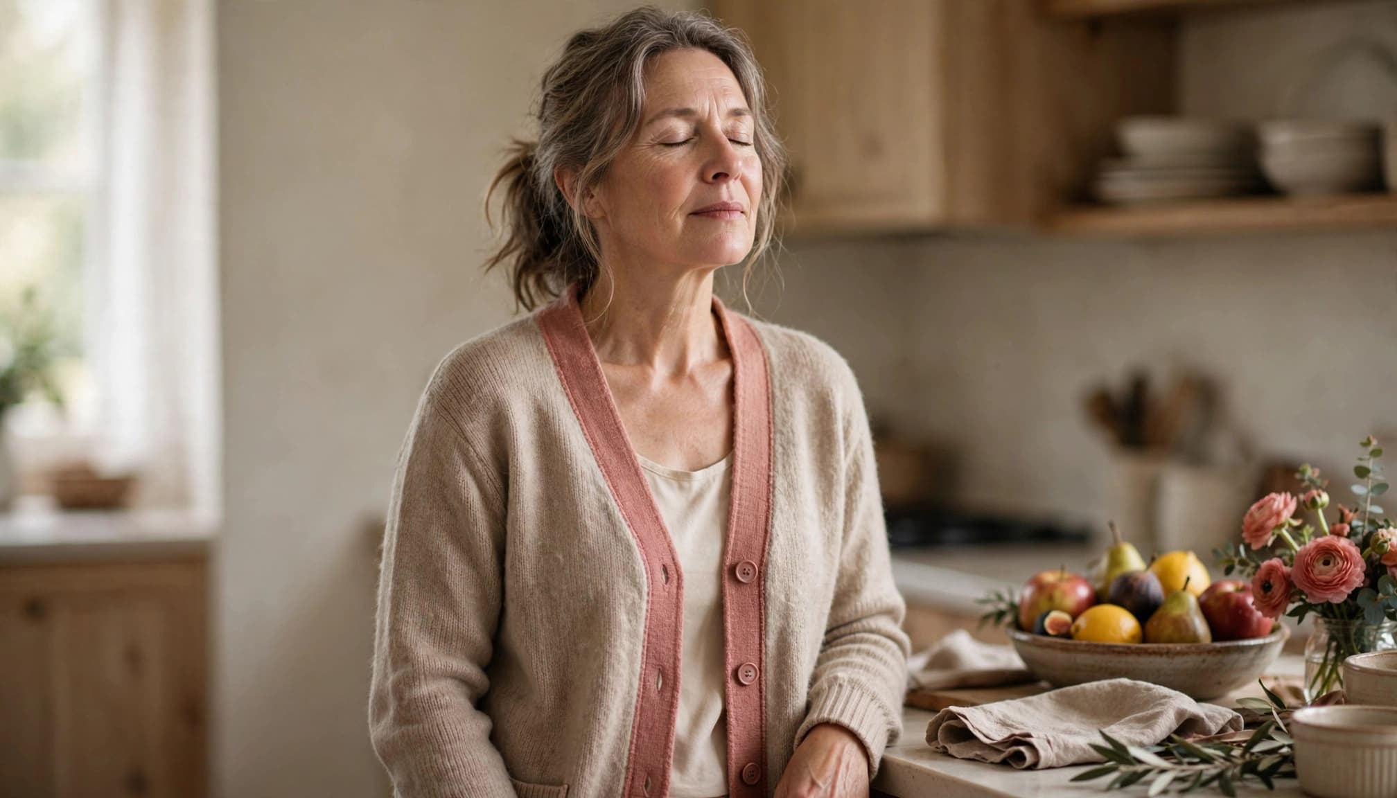 Woman in her 50s taking a quiet pause at home before a dinner celebration.