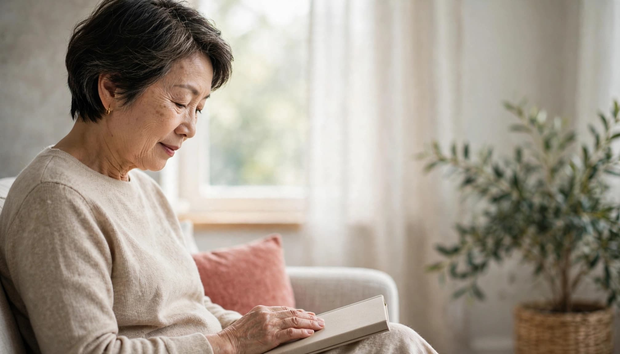 An older woman in profile sits by a window, gently holding a notebook on her lap.