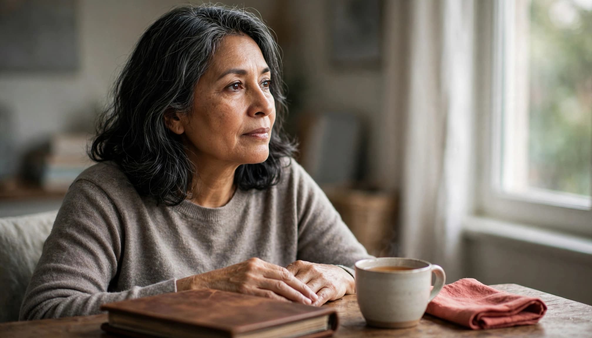 A woman over 50 reflects beside a photo album while processing grief after caregiving.