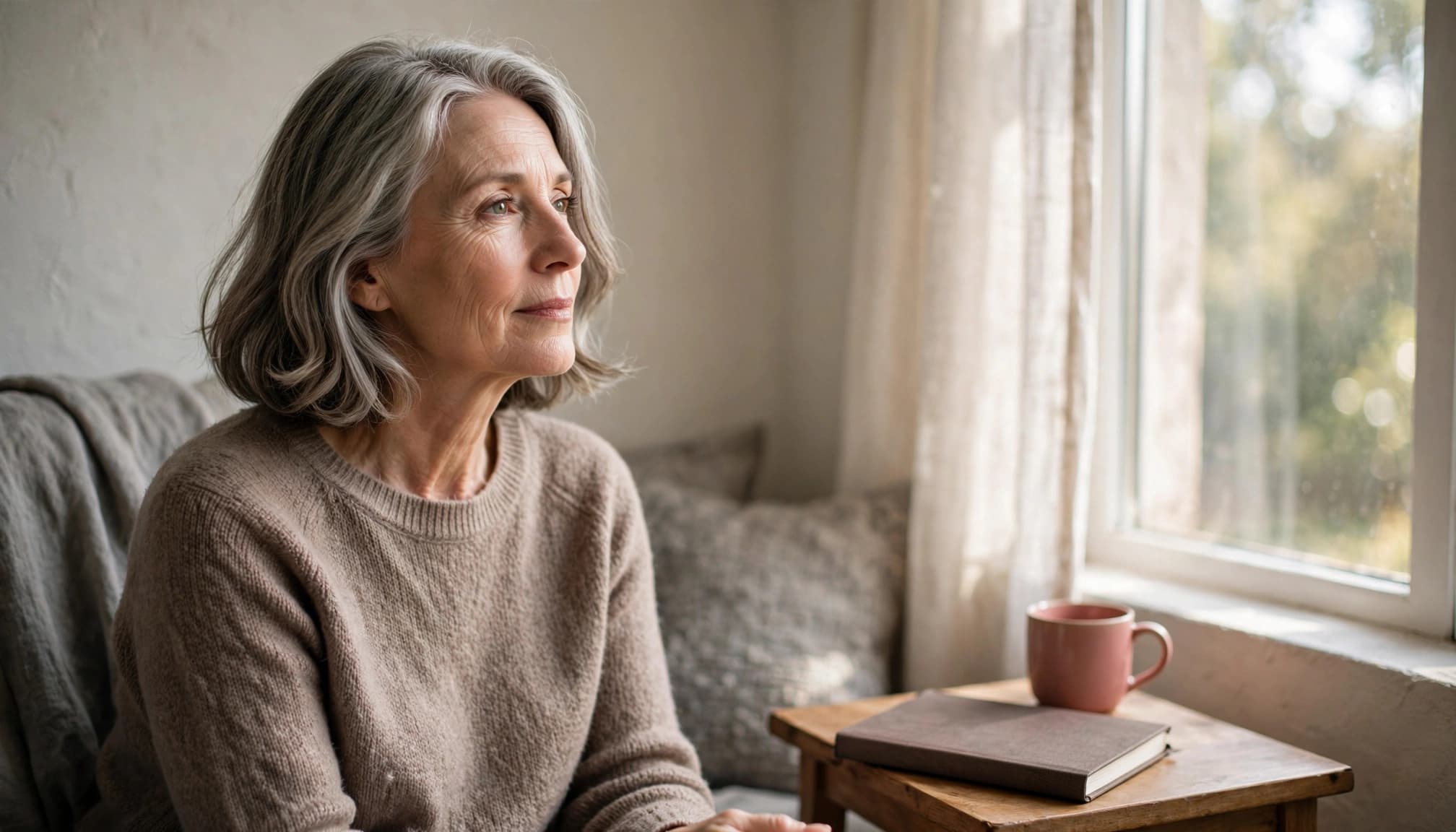 Woman over 50 reflecting at home beside a notebook after a therapy session
