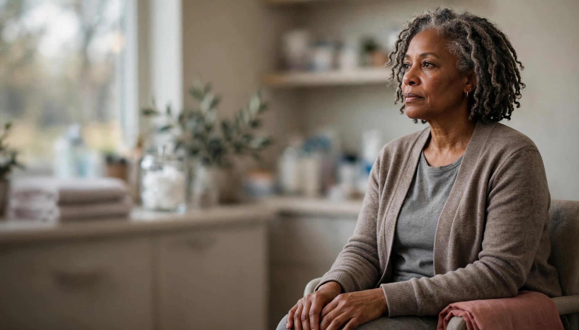 A Black woman in her late 50s seated thoughtfully in a warm clinic office.