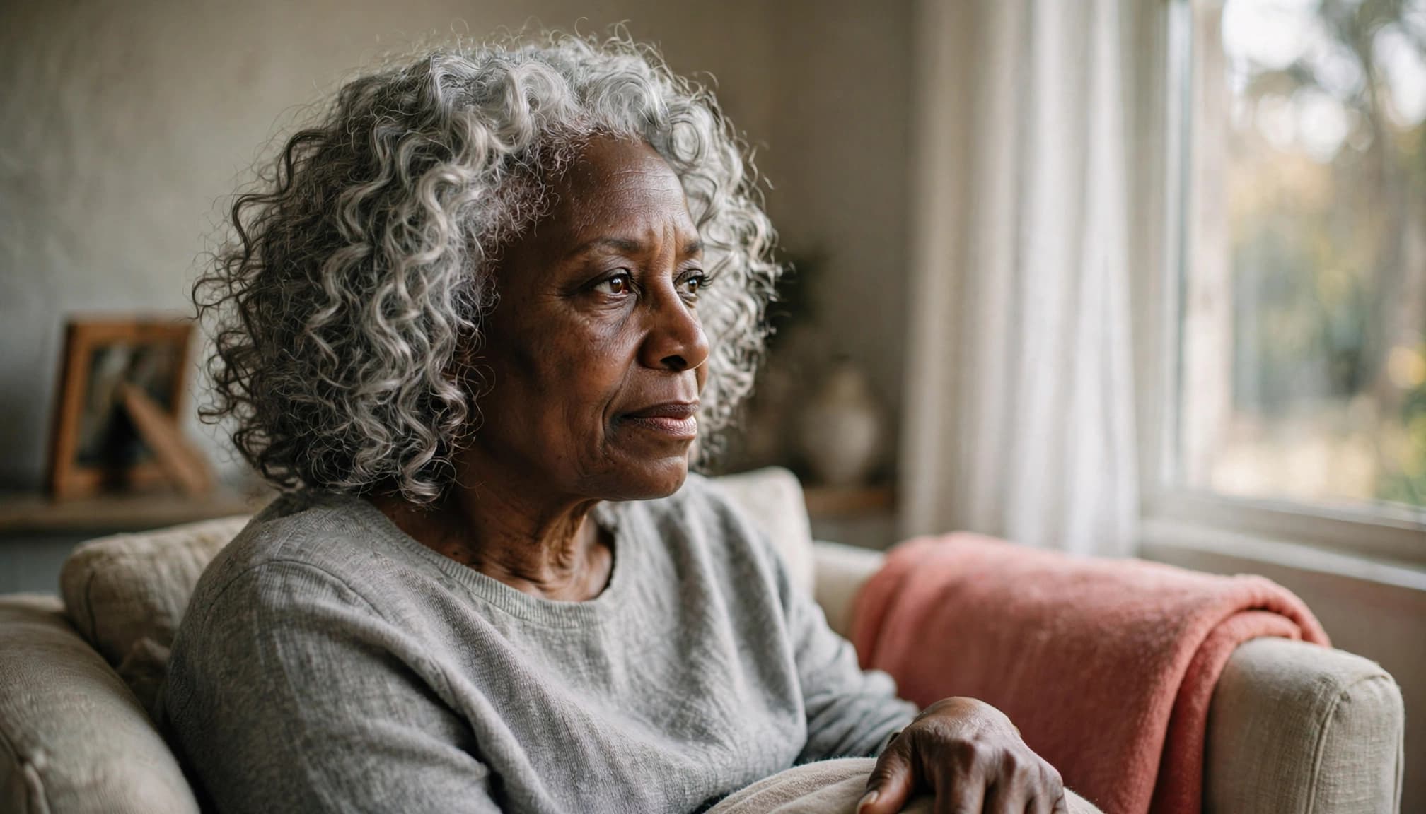 Woman over 60 reflecting on loss near a grief anniversary.