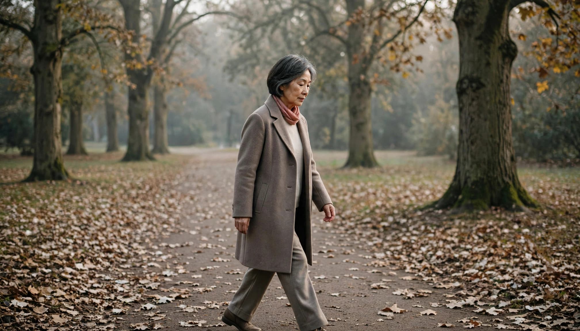 A woman over 50 takes a restorative walk while reflecting on self-forgiveness and emotional well-being.