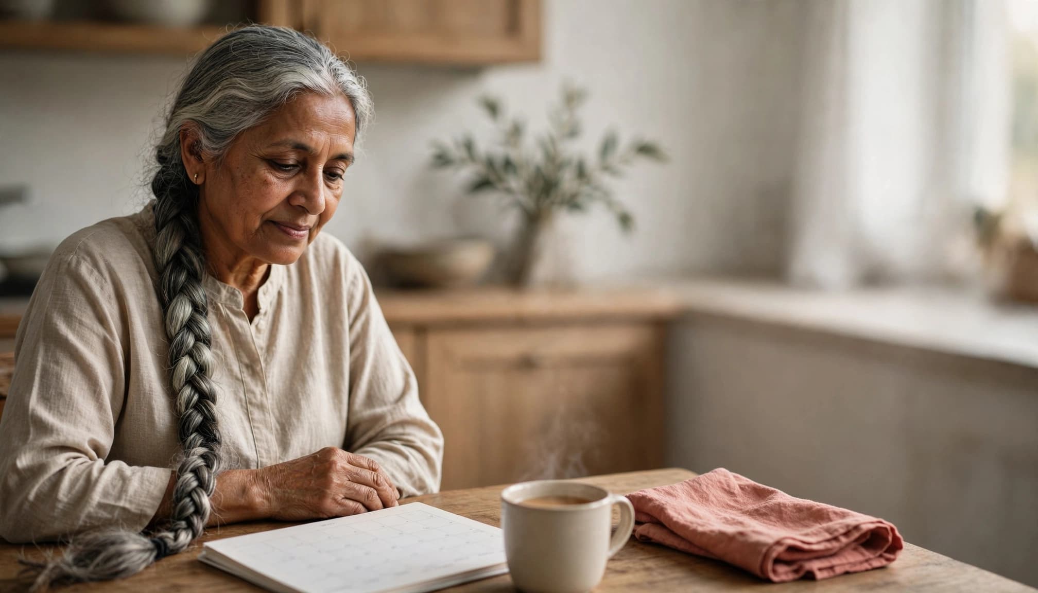 Woman over 60 planning a gentle remembrance day with a calendar and tea.