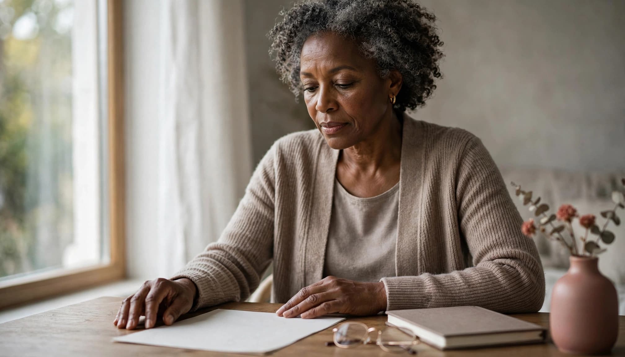 An older Black woman sits at a wooden table looking down at a paper with glasses and a notebook beside her.