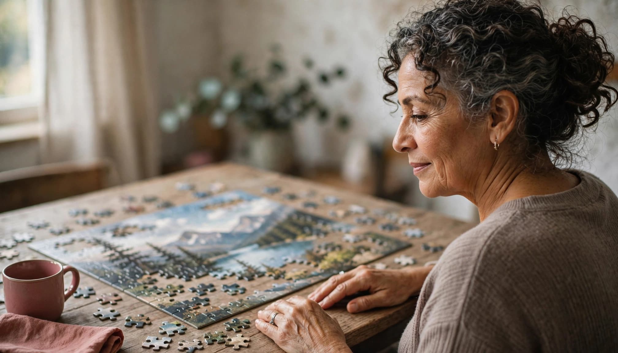 A woman over 50 enjoying a jigsaw puzzle at home as a relaxing hobby.