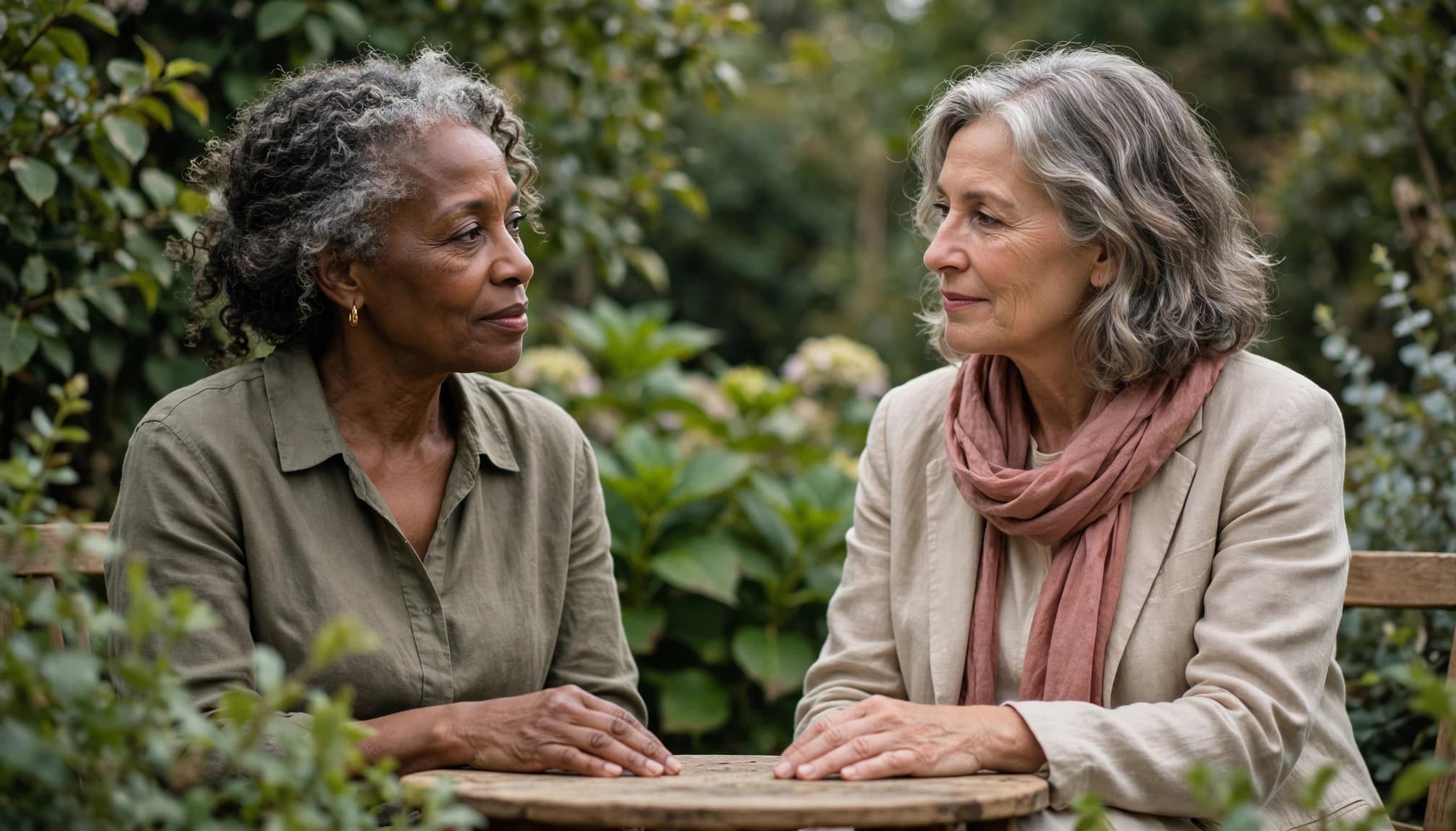 Two women over 50 share a supportive conversation about relationships and emotional healing in a garden.