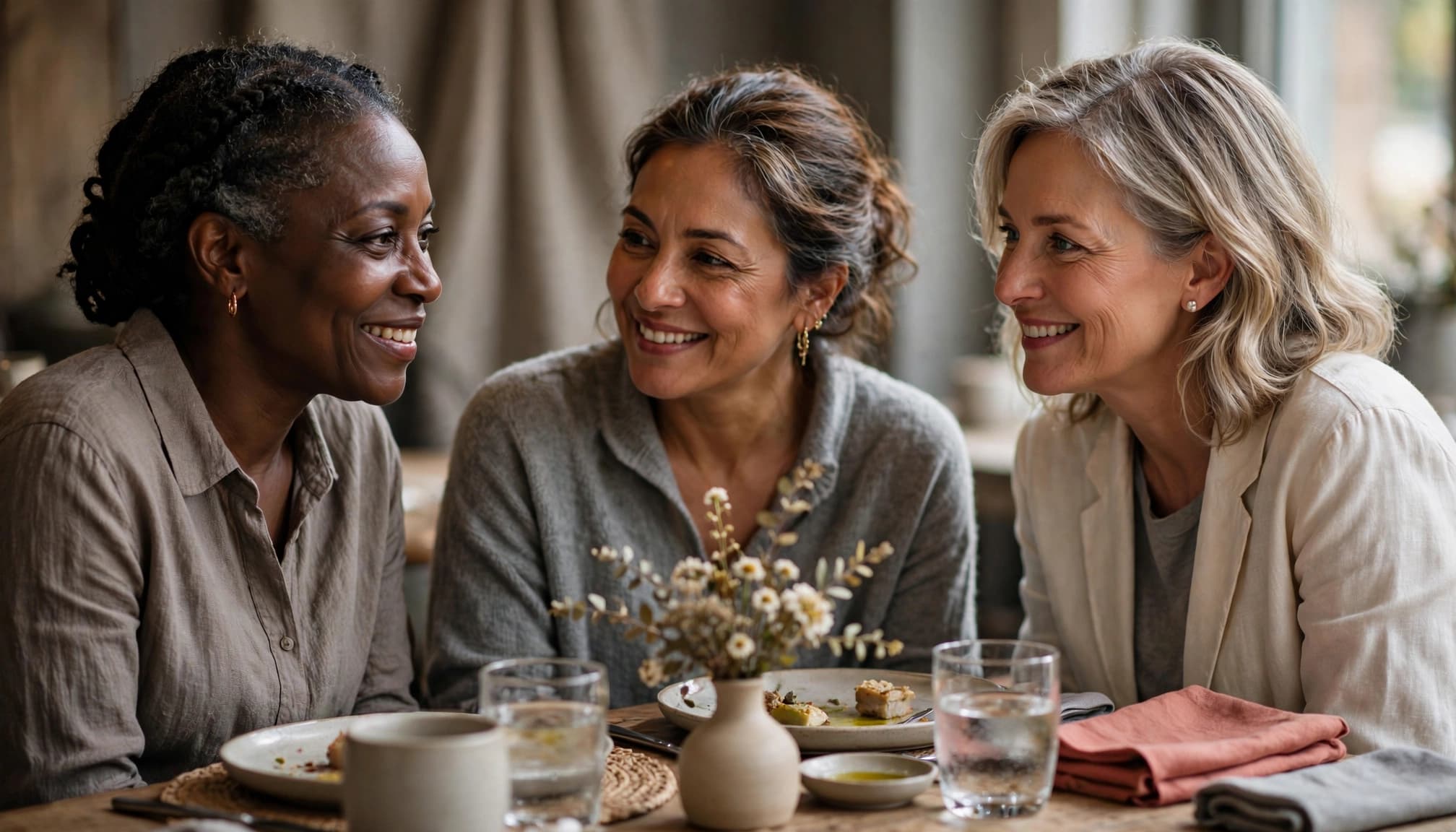 Three diverse women over 50 smiling and conversing during a dinner gathering.