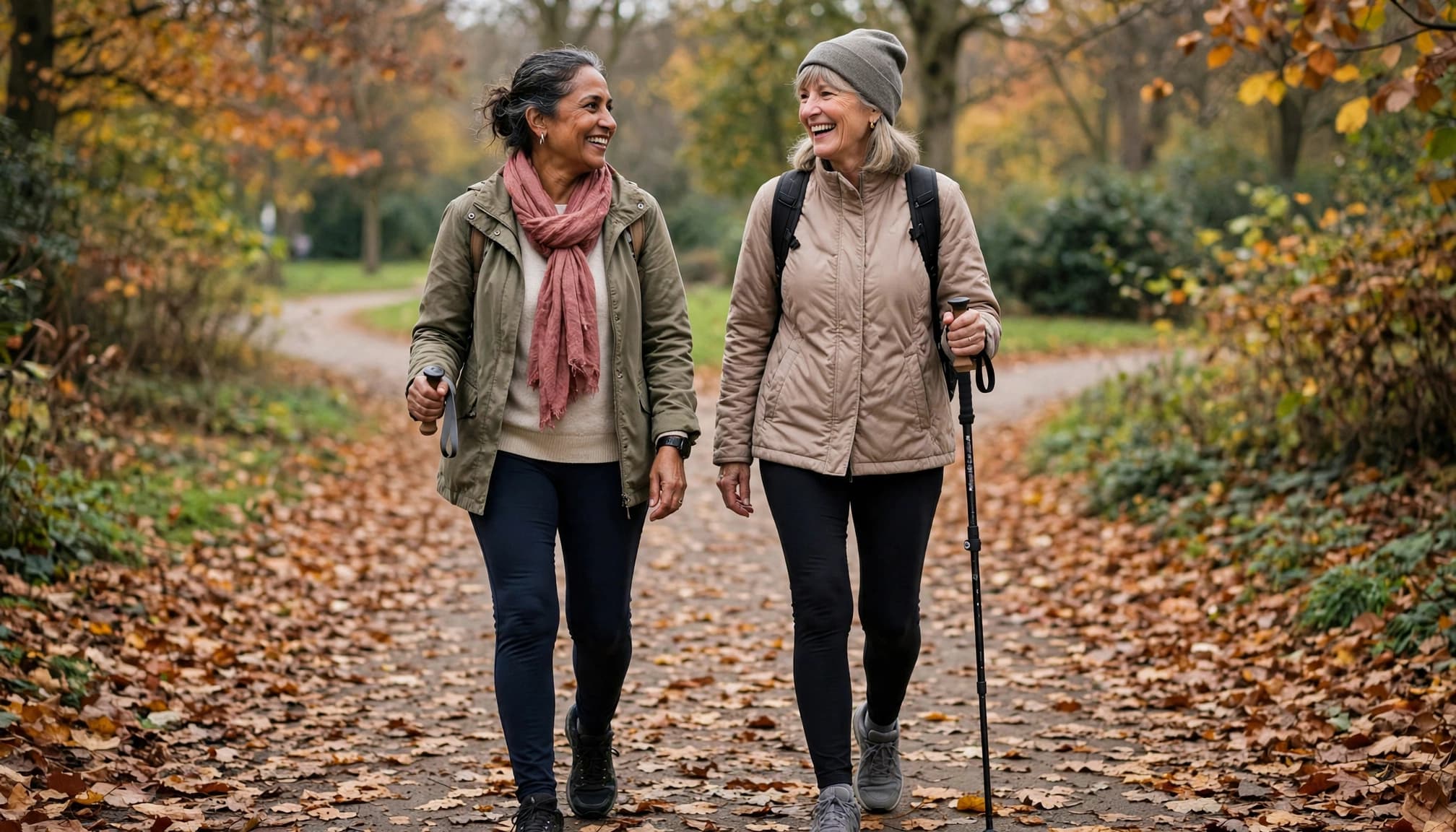 Two women over 50 Nordic walking together on an autumn park path.